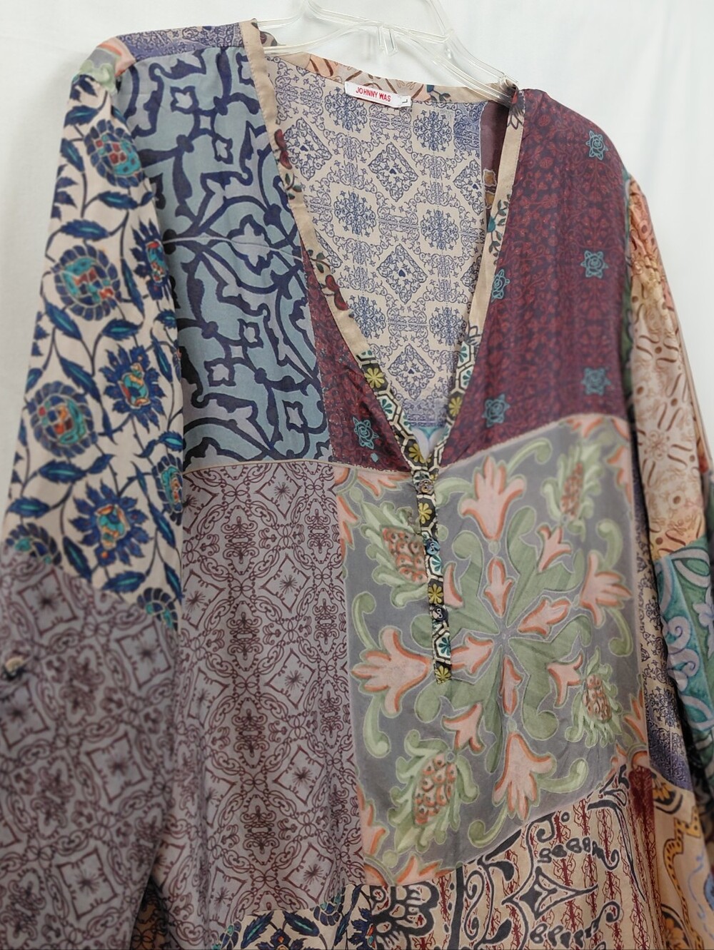 Johnny Was 100% Silk Tunic Blouse Women's Size Large Patchwork 90s - Picture 8 of 9